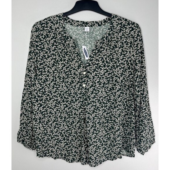 Old Navy Oversized Split-Neck Blouse In Floral Print Green & White Size Large - Picture 2 of 12